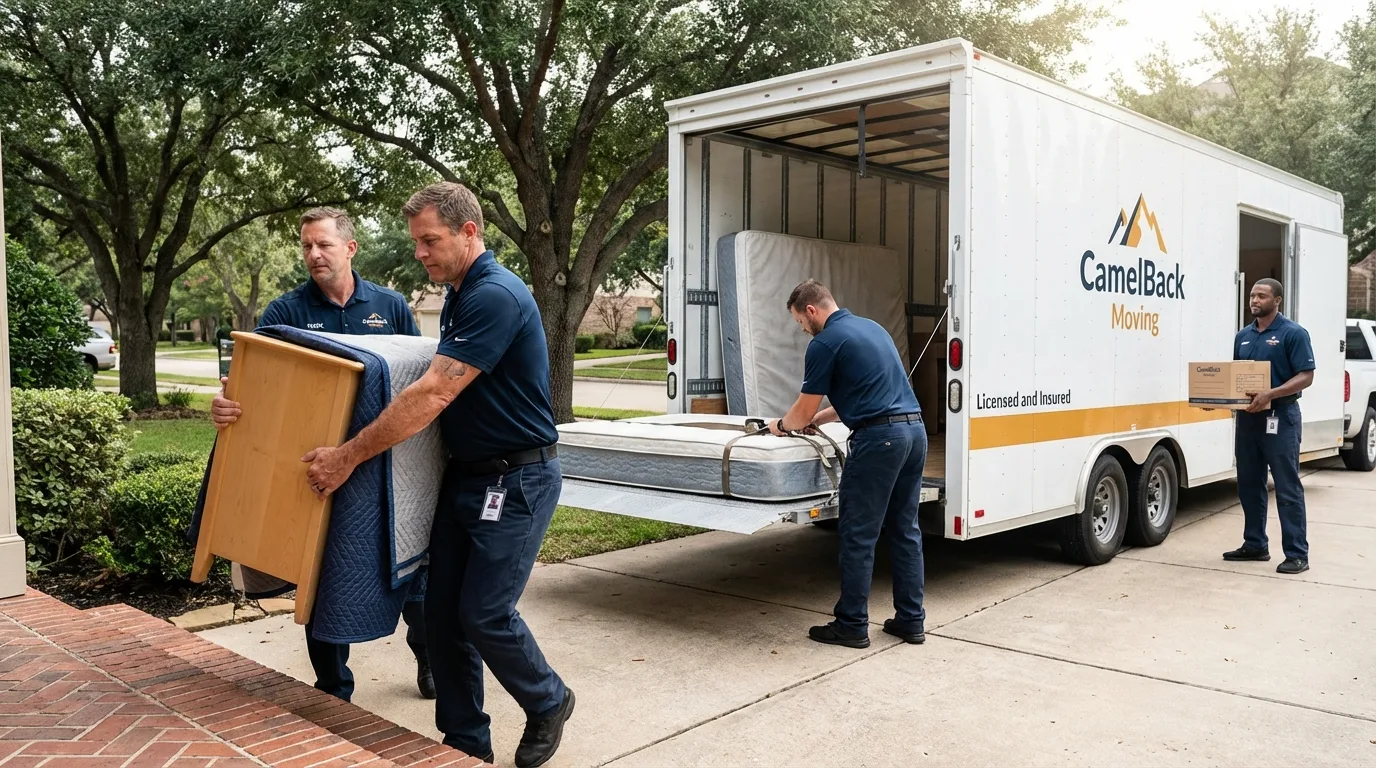 Crew loading residential truck for cross-state move from Cando, ND
