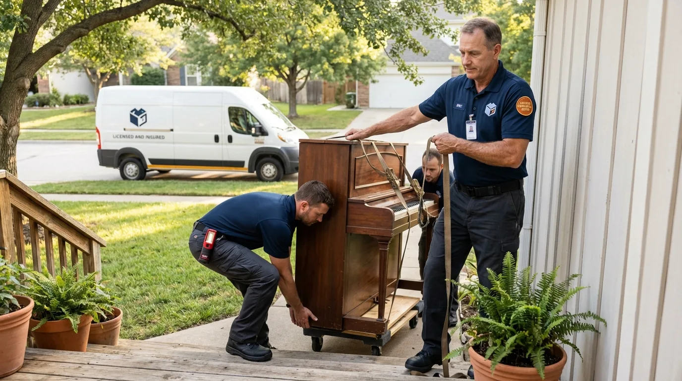 Licensed piano movers securing grand piano in Cando, ND