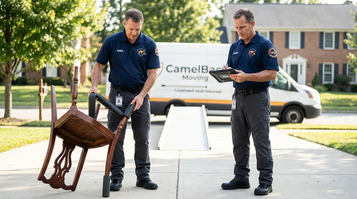 Movers inspecting furniture for damage prevention before loading in Cando, ND