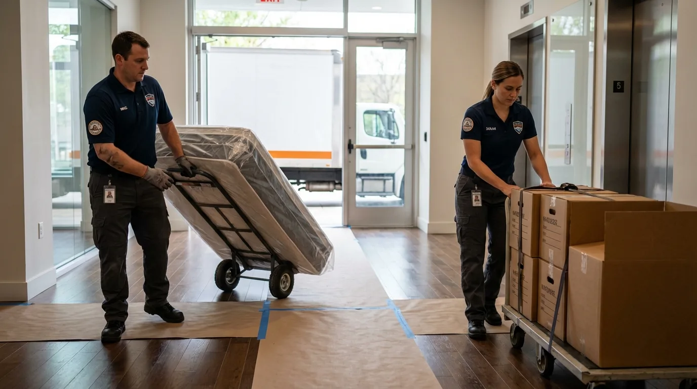 Professional apartment movers loading elevator in Cando, ND
